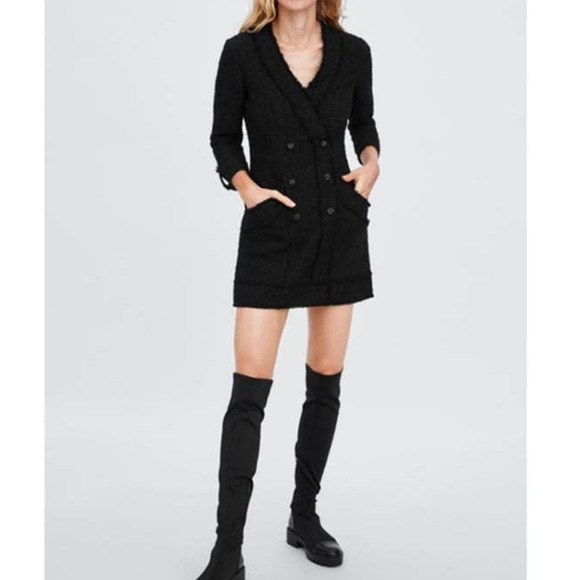 Zara Black Tweed Blazer Mini Dress Metallic Double Breasted - Picture 11 of 11